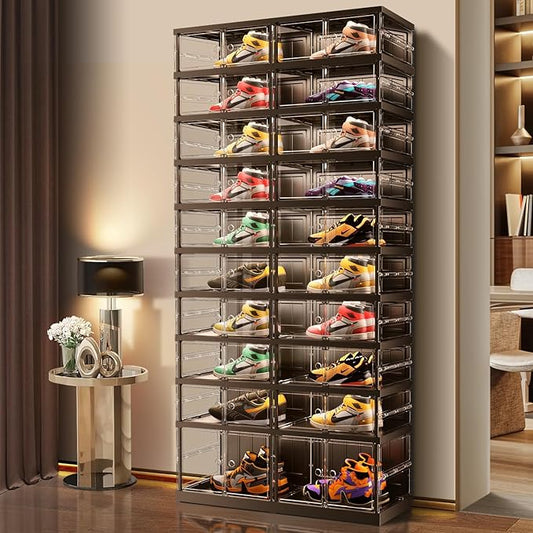 10 Tiers 20-40 Pairs Foldable Shoe Boxes Large Plastic Shoe Storage Rack Collapsible Shoe Organizer for Closet Clear Stackable Shoes Shelf Storage Cabinet with Doors Quick Assembly Black