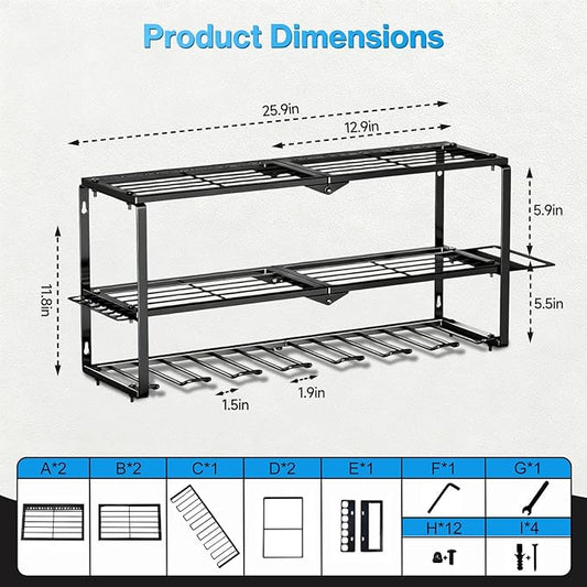 Heavy Duty Power Tool Organizer Wall Mount - 3 Tier Metal Tool Rack with 7 Drill Holders, 300LB Capacity for Garage, Workshop, Pegboard Storage