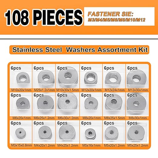 108-Piece, 18 Size, Stainless Steel Flat Washers Assortment Kit, Metal Screw Washers Set for Bolts, Industrial, Covering M3, M4, M5, M6, M8, M10, M12