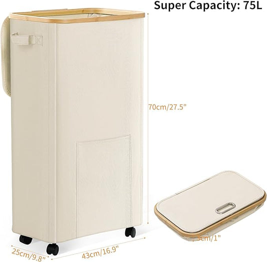Laundry Basket with Wheels, Dirty Clothes Hamper on Wheels, Rolling Tall Laundry Hamper with lid for Laundry Room, Dorm and Bathroom, 75L Beige