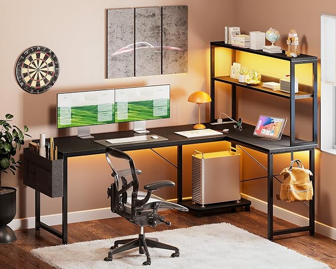 Casaottima 61 Inch Gaming Desk with Power Outlets & LED Lights, Reversible L Shaped Computer Desk with Shelves & Storage Bag, Corner Desk for Home Office, Black