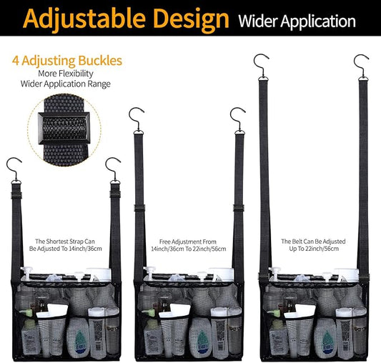 4 Storage Pockets Adjustable Hanging Mesh Bathroom Bag, Shower Caddy College with Hooks, Applied to College Dorm Rooms, Gym, Swimming and RV Travel (Black)