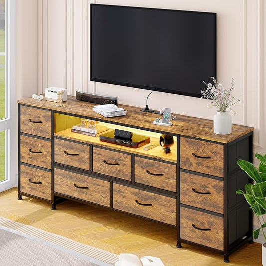 11 Drawer Dresser for with Power Outlets and LED Lights, 63 Inch TV Stand for 65, 70 Inch TV, Entertainment Center with Storage, Wide Chest of Drawers with Open Shelves for Living Room, Bedroom