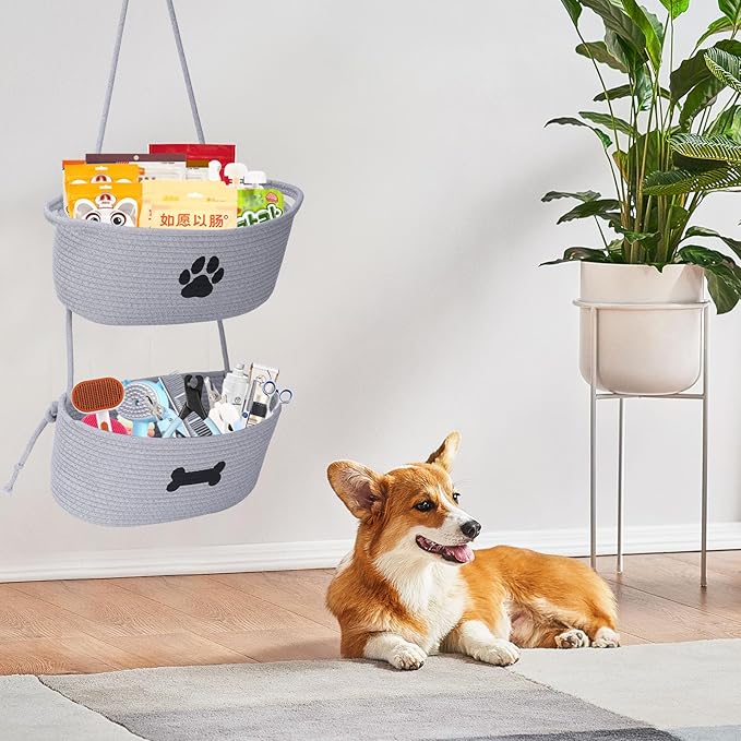 2-Tier Dog Baskets,Over Door Hanging Oganizer for Pet Stuff with Metal Hooks,Cotton Rope Wall-Mounted Storage Organizer for Dog Leash/Harness/Small Toys/Trash Bag - Gray