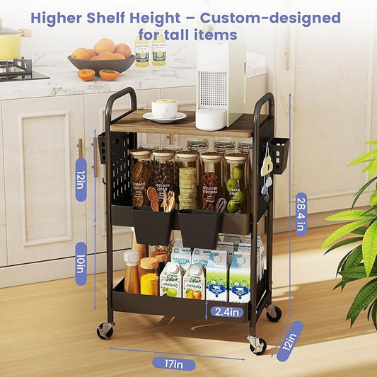 danpinera 3 Tier Rolling Cart, Metal Storage Cart with Wooden Tabletop, Storage Cart with DIY Pegboards & Locked Wheels, Hooks & Hanging Cups for Any Room, Black