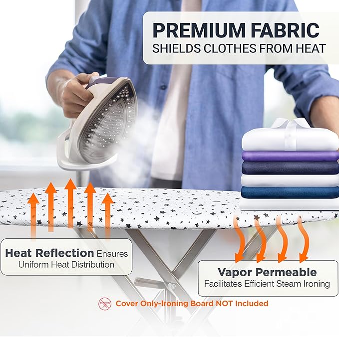 Ironing Board Cover and Pad 15"x54" Extra Thick Natural Cotton, Scorch and Stain Resistant Padding, Standard Size Iron Board Cover with Fasteners Heavy Duty Elastic Edge, Heatproof Nightfall