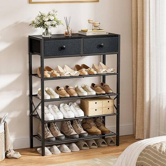 Shoe Rack for Entryway, 5 Tier Shoe Organizer with 2 Non-Woven Drawers, Metal Storage Shoe Shelf for 16-20 Pairs of Shoes, with Wooden Top and Steel Frame, Shoe Stand for Closet Black Grey
