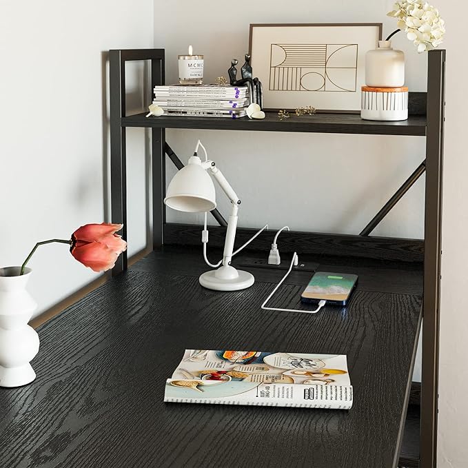 IRONCK Computer Desk 55" with Power Outlet and Storage Shelves, Study Writing Table with USB Ports Charging Station, PC Desk Workstation for Home Office, Black