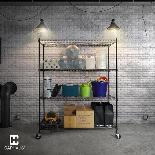 CAPHAUS 4-Tier Commercial Grade Heavy Duty Adjustable Height Wire Shelving w/Wheels & Leveling Feet, Storage Metal Steel Shelf, Garage Shelving Storage, Utility Wire Rack Storage Shelving Unit, 48”W