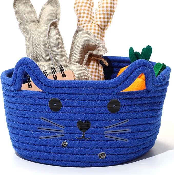 Zopeal Cat Basket Storage Woven Organizer with Ears Easter Decorative Gift Pet Toy Cute Cotton Rope Basket for Gift Cat Dog Toy Bin Nursery Room(8.3 x 4.7 Inch,Royal Blue)