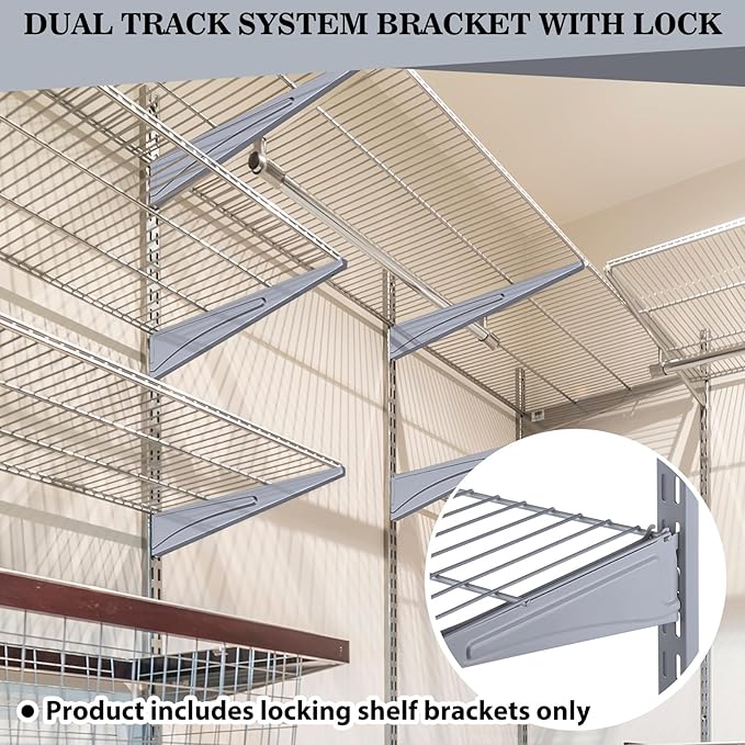 Adjustable Locking Shelf Bracket 16 Inch Shelf Brackets Heavy Duty Wire Shelving Brackets for Deep Wire Shelving Double Track System(Gray,6 Pcs)
