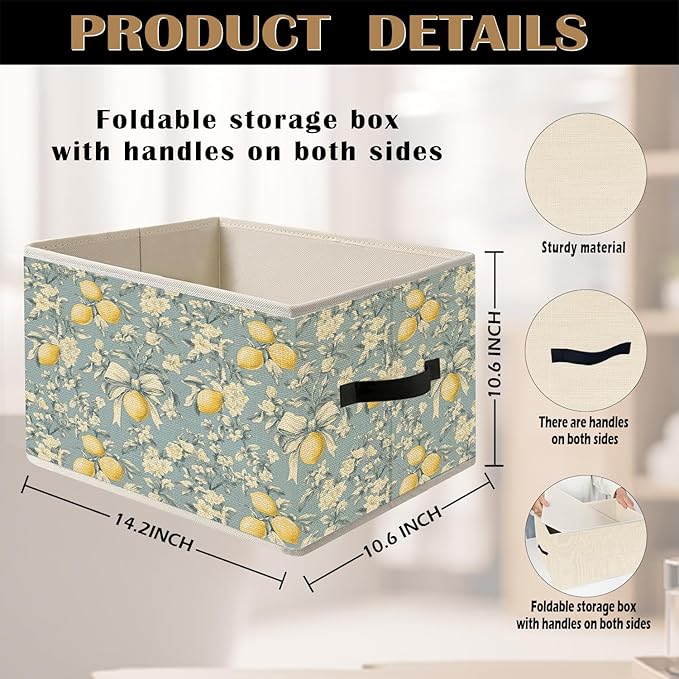 Chinoiserie Bow Floral Lemon Storage Bin Box with Handles, Vintage Shabby Chic Flower Lemons Tree Foldable Organizer Basket Toybox for Home Bedroom Bathroom Clothes Toys Books