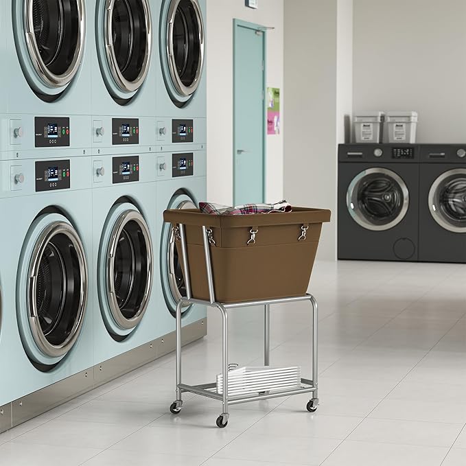 ELYKEN Rolling Laundry Hamper with Wheels, Laundry Cart with Removable Bag, Heavy Duty Metal Frame, 2-Tier Clothes Basket Hamper with Shelf for Closet, Bedroom, Bathroom, Laundry Room, Camel Brown