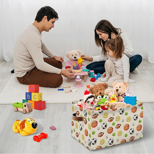 Sport Themed Storage Basket - Balls Pattern Collapsible Bin with Handles - Collapsible Storage Baskets with Handles - Ball Themed Storages Bin for Kids Clothes, Gifts