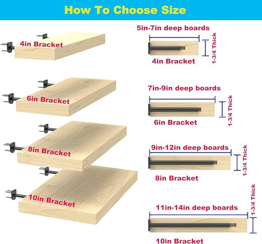 Floating Shelf Bracket(1/4 Inch Thick 8 Pack, 8 Inch Black) Solid Steel Support, Hidden Heavy Duty Shelf Bracket, Invisible &Blind Design for Wood Shelves,Suitable for Kitchen, Study or DIY