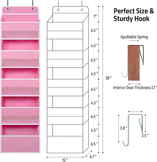 Over Door Organizer with 5 Large Pockets, Heavy Duty Hanging Organizer Storage, Closet Bathroom Nursery Bedroom Dorm, Toys Cosmetics Sundries and Baby Essentials, Pink