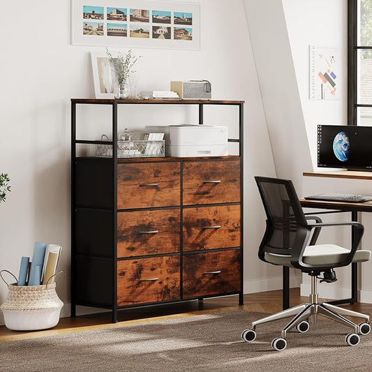 51" H Tall Mobile File Cabinet, Rolling Printer Stand with 6 Drawers, Adjustable Hanging Rails for A4/Letter/Legal Files, Fabric Vertical Filing Cabinet for Home Office, Rustic Brown
