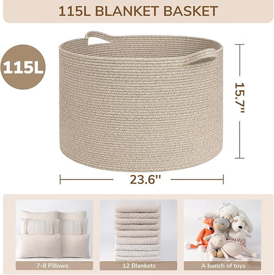 INDRESSME 115L Extra Large Woven Blanket Baskets for Storage, Toy Organizers and Storage Rope Baskets for Boys Girls Kids,Burr Basket Storage Bins for Decor Laundry Shoe, Brown