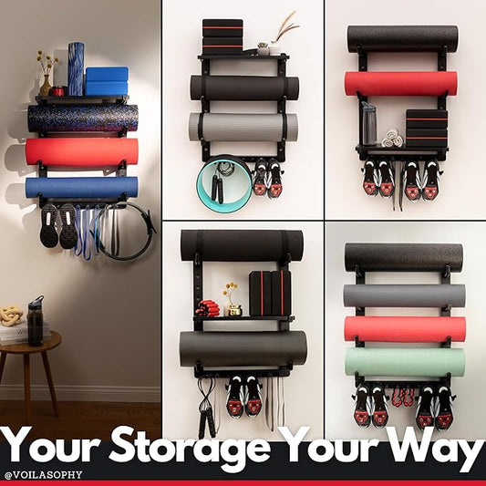 Yoga Mat Holder Wall Mount Home Gym Storage Organizer - Fully Adjustable, All Wood, Crafted Yoga Mat Rack Gym Shelf for Workout Equipment Storage. Unique Yoga Gift for Wall Yoga Storage, Plant a Tree!