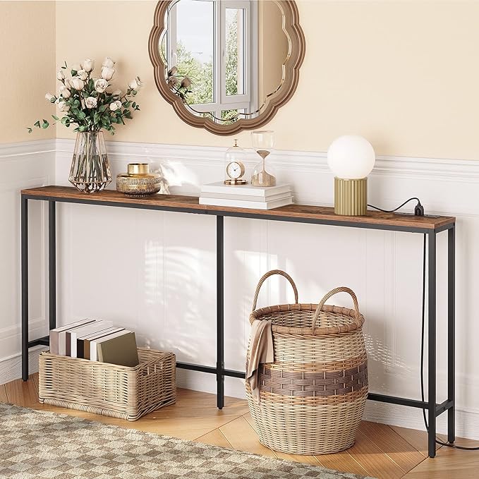 70.9'' Console Table with Power Outlet, Narrow Sofa Table with Charging Station, Skinny Behind Couch Table for Entryway, Hallway, Foyer, Living Room, Rustic Brown CTHR18E01Z1