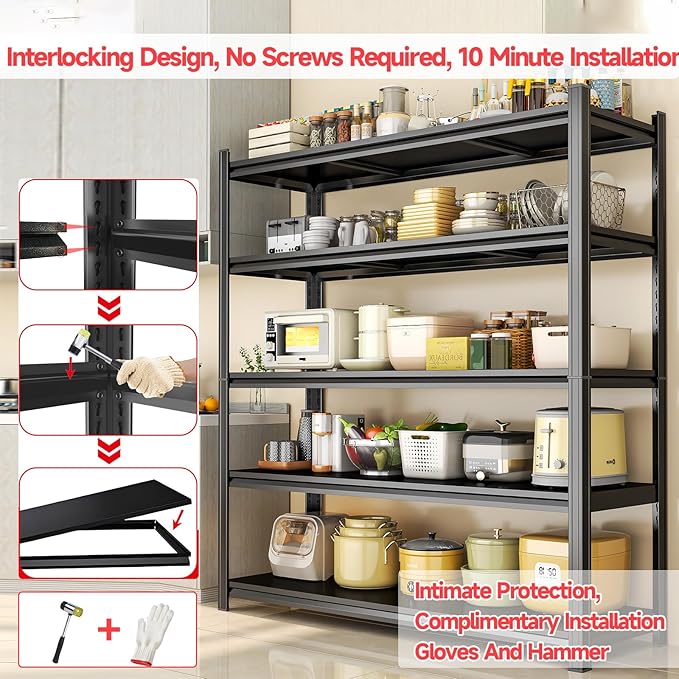 45.3" W Utility Kitchen Shelves, 2000LBS Standing Shelving Unit, Adjustable Metal Shelving Organizer, 5 Tier Storage Shelf for Pantry, Industrial, Basement, Bathroom and Closet, Black