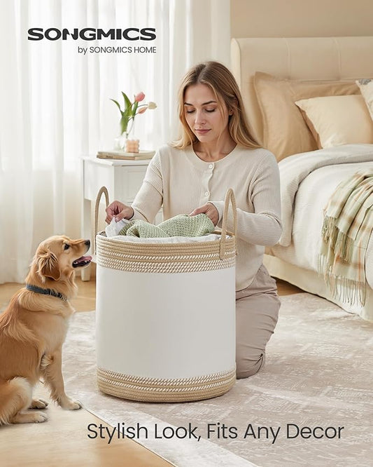 SONGMICS Laundry Hamper, Cotton Rope Laundry Basket with Handles, for Clothing, Living Room, Bedroom, 15.8 Gallons, 16.1 x 16.1 x 18.1 Inches, Cloud White and Camel Brown URLH060K01