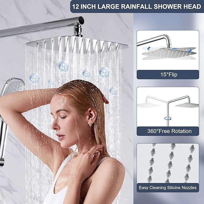 Rain Shower System with 304Stainless Steel Shelf, 12 Inch Rainfall Shower Head System with Handheld Spray, SonTiy Dual Shower Combo with Height Adjustable Holder, Brass Diverter, 1.8 GPM, Chrome