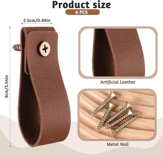 6 Pcs PU Leather Wall Hooks Curtain Rod Hanging Straps Towel Holder Hanger Cabinet Handle Loop Storage Supplies Boho Style Decor for Bathroom Kitchen Bedroom