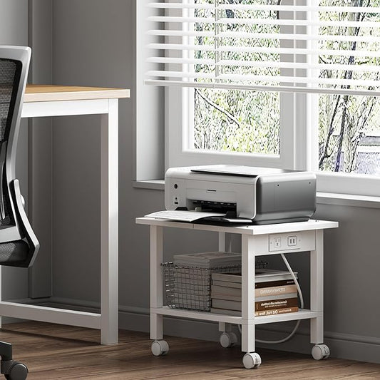 TUTOTAK 2 Tier Printer Stand, Rolling Printer Cart with Power Outlets and USB Ports, Mobile Printer Table with Wheels, for Under Desk, Office, Home, White PS01BW001P
