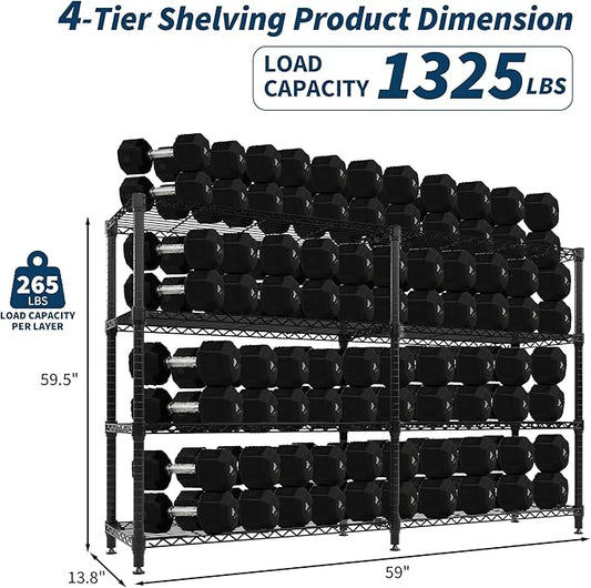 4-Tier Metal Storage Shelves, Adjustable Wire Shelving Unit for Garage, Pantry, Basement & Kitchen, Easy Assembly, 59" w x 13.8" d x 59.5" h, 265 Lbs Per Tier