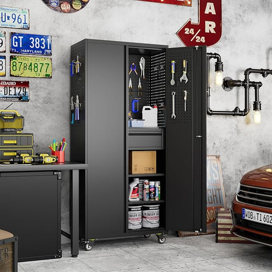 Garage Storage Cabinet with Wheels, 5 Pegboards and 1 Drawer, 71" H Lockable Metal Storage Cabinet with 2 Adjustable Shelves and 16 Hooks for Garage,Warehouse, Assembly Required,Black