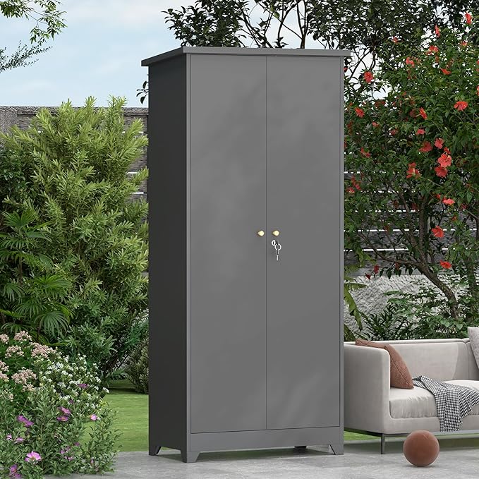 73''H Outdoor Storage Cabinet, Metal Garage Storage Cabinets with Doors and Shelves, Outdoor Broom Storage Cabinets, Waterproof Tool Shed for Patio Garden Backyard, Gray(15.4" D x 31.5" W )
