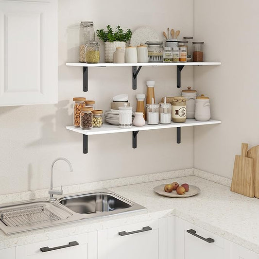 White Floating Shelves 40"W x 12"D, Deep Wall Shelves with Brackets for Books, Plant, 12 Inch Deep Bathroom Shelf Set of 2, Large Floating Shelf for Living Room, Bedroom, Kitchen, Set of 2