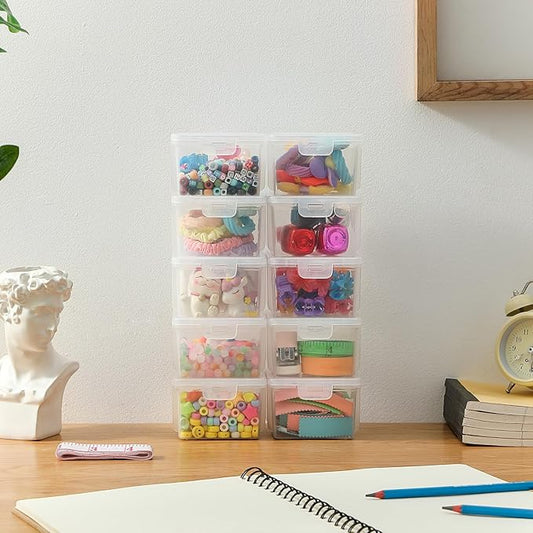 10-Pack Small Plastic Containers with Lids, Clear Stackable Storage Boxes & Bins Organizer for Bead Organizer, Craft Storage, Stickers, Jewelry & Small Items – Square Small