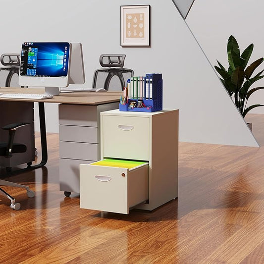 2 Drawer File Cabinet with Lock, Locked Filing Cabinets for Home Office, Small File Cabinets for Under Desk, Metal Files Cabinet for Hanging Letter Size, Cream, Assembly Required