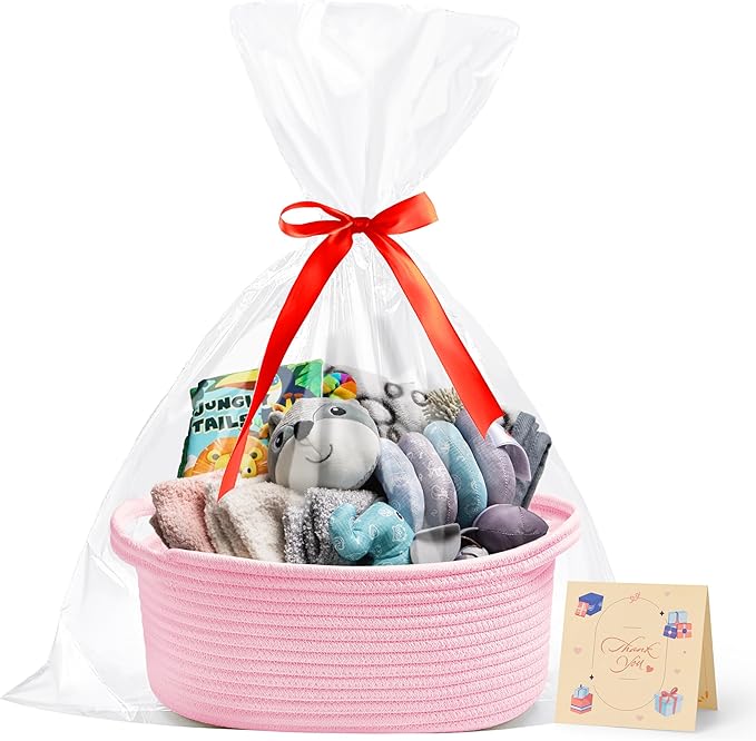 Small Woven Pink Gifts Basket for Storage Empty with Ribbons and Bags Durable Cute Gifts 12"X 8" X 5" Small Rope Basket for Gifting