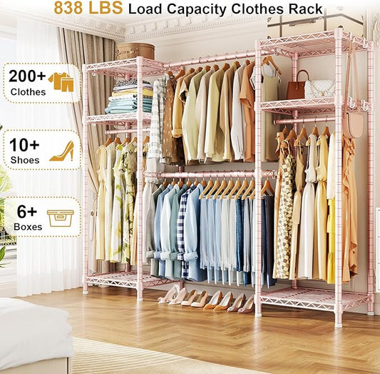 Ulif E7 Garment Rack, Heavy Duty Clothes Storage System with Extendable Hangers Rods, Metal Clothing Rack with 6 Wire Shelves, (52.3"-72") W x 14.5" D x 71.2" H, Load 838lbs, Pink