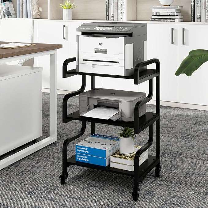 Natwind 3-Tier Printer Stand with Wheels Movable Storage Cart Floor-Standing Multi-Purpose Shelf Rack for Media Player Scanner Files Books Microwave Oven in Kitchen Living Room Home Office (Black)