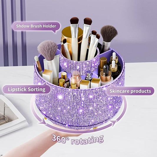Bling Diamond Makeup Brush Holder, 360° Rotating Makeup Organizer, 5 Slot Make up Brushes Cup for Countertop, Storage for Cosmetics Pen Eyeliner Skincare on the Vanity (Diamond Purple)