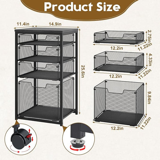 Rolling File Cart with 4 Storage Drawers, Filing Cabinet for Home Office, Hanging File Folder Organizer with Wheels Under Desk, Utility Craft Cart Printer Stand, Black