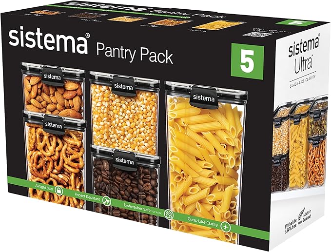 Sistema Ultra Square Airtight Pantry Storage Containers Assorted Capacity Food Storage Solution Stackable Locking Clips BPA-Free Clear with Black Accents 5 Count