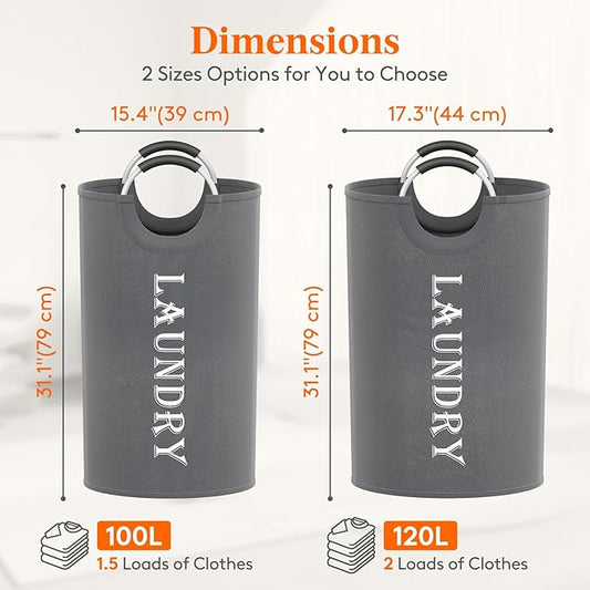 Lifewit 100L 2-Pack Large Laundry Basket, Collapsible Laundry Hamper with Aluminum Handles, Waterproof Freestanding Dirty Clothes Hampers for Laundry Room Bedroom Dorm Bathroom, Grey