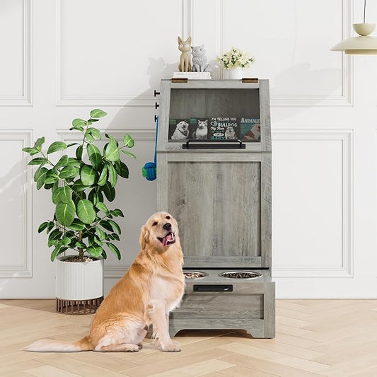 Garvee Dog Feeding Station with 2 Elevated Bowls, Dog Food Storage Cabinet, Flip Top Pet Feeding Station, Food Storage Container, Pet Toy Organizer, Grey