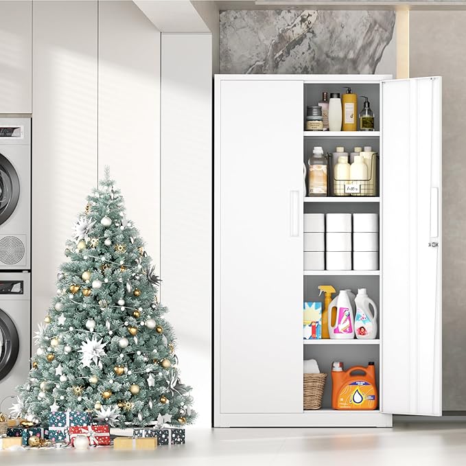 INTERGRAET 63" H Pantry Cabinet, Kitchen Pantry Storage Cabinets with 2 Doors and 4 Shelves,White Metal Storage Cabinet,Cupboard for Home,Kitchen,Living Room/Dining