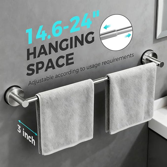 Adjustable Suction Cup Towel Bar for Bathroom Wall,14.6Inch~24 Inch Towel Racks for Bathroom,Stainless Steel Bath Towel Holder for Shower(Brushed Silver)