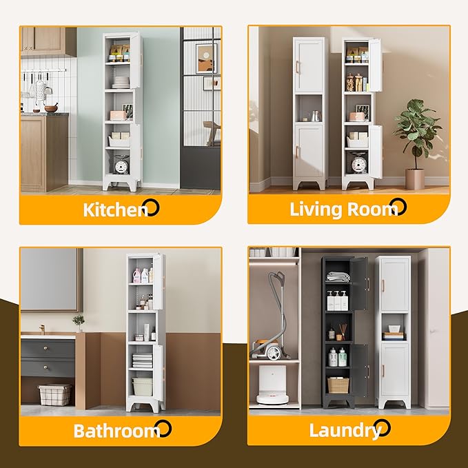 67" H White Metal Narrow Pantry Cabinet with 2 Doors and 2 Adjustable Shelves, 5 Tier Small Thin Storage Cabinet with Legs and Gold Handle for Kitchen,Home Office,Bath,Laundry,Easy Assembly