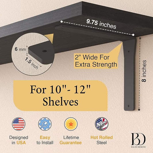 4 Pack Heavy Duty Shelf Brackets 10 Inch by Balin Designs – Decorative L Bracket for Shelves, Metal Shelf Support Bracket, Wall Mounted Countertop Iron Corbels, Floating Black Shelving Brackets