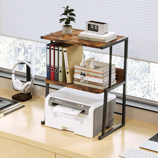 Homeiju Printer Stand for Desk with Storage, 3-Tier Shelves Organizer with Wood Top, Heavy Duty Metal Frame for Home Office, Holds Printer, Books, Supplies, Rustic Brown