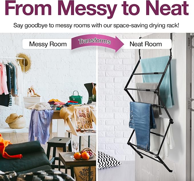 BLACK+DECKER Over The Door Expandable Telescopic Drying Rack, Clothes Organizer, Towel Hanger, Laundry, Collapsible, Black
