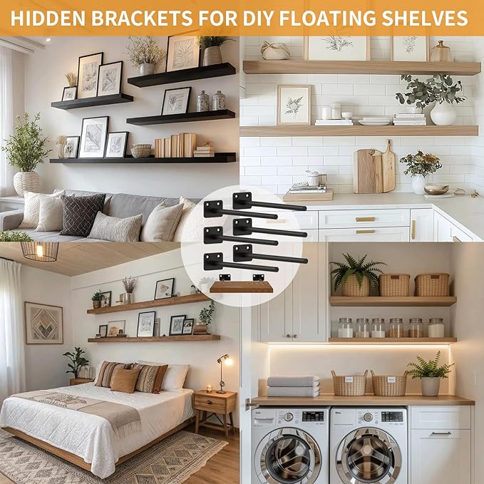 Floating Shelf Brackets, 12 inch Hidden Shelf Brackets Heavy Duty Blind Shelf Support, 200LBS Load Capacity, 6 Pack Floating Shelf Hardware for DIY Wood Wall Floating Shelves